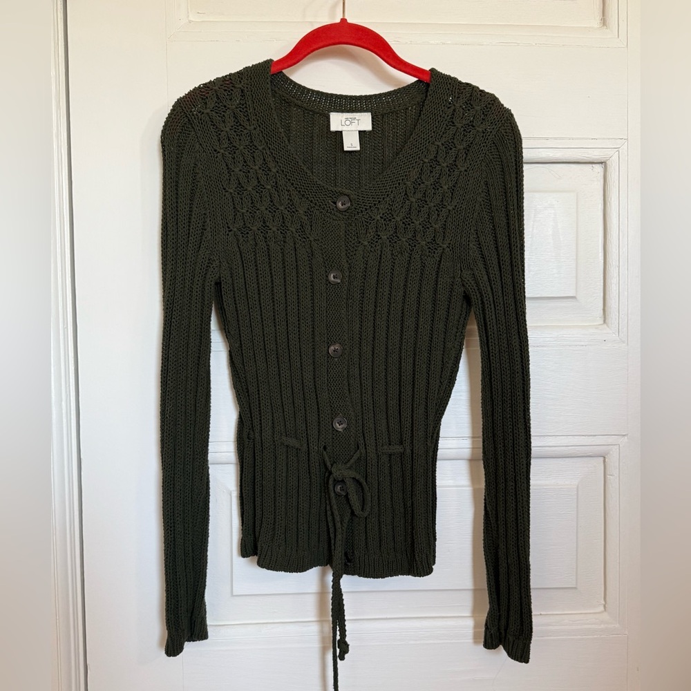 LOFT Women's knit tie-belt button cardigan sweater in olive green